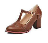 Eestfy Tacones Brogues Correa T Tacón Bloque Grueso Punta Redonda Tacones Vestir para Trabajo Diario PU,Amarillo,47 EU