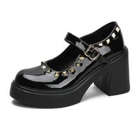 Eestfy Tacones Mary Jane Retro Tacón de Bloque Hebilla con Tachuelas Punta Redonda Zapatos de Vestir de Charol para Estilo Vintage y Trabajo,Negro,38 EU