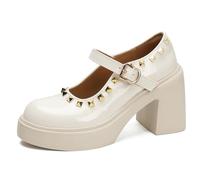 Eestfy Tacones Mary Jane Retro Tacón de Bloque Hebilla con Tachuelas Punta Redonda Zapatos de Vestir de Charol para Estilo Vintage y Trabajo,Blanca,40 EU