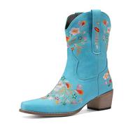 Eestfy Women's Botas Vaqueras De Cuero Bordado Floral Media Pantorrilla Tacón Estable para Rancho Equitación Viajes Al Aire Libre Y Uso Diario,Azul,39 EU
