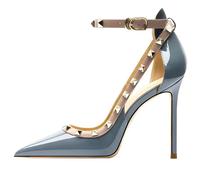 Eestfy Zapatos de Tacón Mujer Cuero Patentado con Tachuelas y Tobillera Punta Afilada Tacones Altos Zapatos de Tacón Stiletto Herrajes Dorados Elegante Moda Noche Eventos Formales,Navy blue 12cm,41 EU