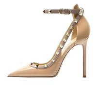 Eestfy Zapatos de Tacón Mujer Cuero Patentado con Tachuelas y Tobillera Punta Afilada Tacones Altos Zapatos de Tacón Stiletto Herrajes Dorados Elegante Moda Noche Eventos Formales,Nude 10cm,35 EU