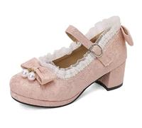 Eestfy Zapatos Lolita Mary Jane Mujeres Tira Tobillo Lindo Plataforma Salones Tacón Block Punta Redonda con Adorno Lazo para Boda Vintage & Sweet Cosplay,Rosado,42 EU