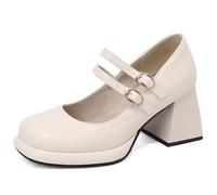 Eestfy Zapatos Mary Jane tacón Grueso Punta Cuadrada Doble Correa Zapatos con Plataforma Baja para Oficina y Uso Diario Cuero PU,Beige,36 EU