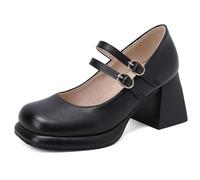 Eestfy Zapatos Mary Jane tacón Grueso Punta Cuadrada Doble Correa Zapatos con Plataforma Baja para Oficina y Uso Diario Cuero PU,Negro,36 EU