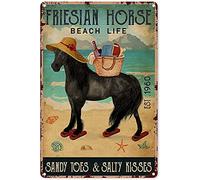Eeypy Arte de pared de playa para baño, caballo frisón, vida en la playa, dedos de los pies de arena, besos salados, letrero de estaño, decoración vintage chic de metal, decoración de pared, regalo