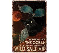 Eeypy Cartel de metal con diseño de sirena, gato negro, sirena, los sueños del océano, tarde en la noche, cartel de estaño, decoración de pared, regalo para fiesta, dormitorio, al aire libre, 16 x 12