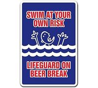 Eeypy Cartel de metal con texto en inglés "Swimming at Your Own Risk Lifeguards" Swim in The Resting Pool Area Cartel de advertencia para exteriores, cartel de hierro de 20 x 30 cm