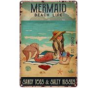Eeypy Decoración de pared de animales, guardería, playa, playa, dedos de los pies de arena, besos salados, sirena, letrero de estaño, decoración vintage chic de metal, decoración de pared, regalo para