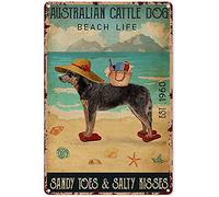 Eeypy Decoración de playa para baño, ganado australiano, perro, vida en la playa, dedos de los pies de arena, besos salados, letrero de estaño, vintage, elegante, póster de metal, decoración de pared
