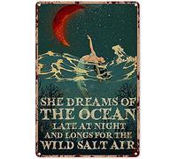 Eeypy Letrero de metal con texto en inglés "Mermaid She Dreams of The Ocean Late at Night Moon" para mujer, letrero de metal de estaño de aluminio, póster de metal para niñas, hogar, baño, 16 x 12