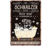 Eeypy Letrero de metal para baño, divertido Schnauzer Bath Soap Established Hurry Up and Wash My Paws Hooman, letrero de metal de aluminio para estante, hogar, puerta de granja, 16 x 12 pulgadas