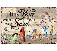 Eeypy Letrero de metal para pared, diseño de pájaros, colibríes con texto en inglés "It is Well with My Soul ", letrero de metal de estaño y aluminio, arte de pared retro para jardín, hogar, patio