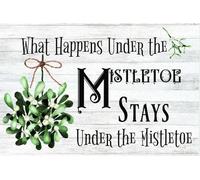 Eeypy Letrero de pared retro con texto en inglés «What Happens Under The Mistletoe» de Navidad, placa de metal, decoración de pared de 8 x 12 pulgadas