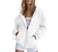 EFAN Sudadera con Capucha para Mujer, con cordón y Cremallera, Bonita Chaqueta de otoño, Sudaderas Casuales de Gran tamaño con Bolsillo, Blanco, M