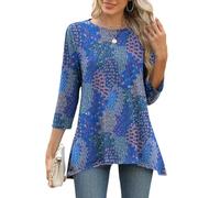 EFFAN Blusa de manga larga para mujer, manga 3/4, túnica de verano, camiseta de verano 2026, cuello redondo, blusas, atuendo, ropa elegante, Patrón de pavo real azul, S