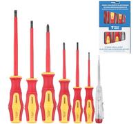 Effektwerk - Juego de destornilladores para electricistas de 7 piezas - 4 ranurados, 2 destornilladores Phillips con probador de voltaje - 1000V aislados y probados VDE con puntas magnéticas