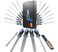 EffektWerk - Juego de limas - 21 piezas - 4 limas grandes (redonda, media caña, triangular y plana) - Cepillo de alambre, escofina, bolsa de almacenamiento y 14 limas de aguja