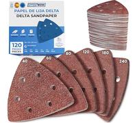 EffektWerk - Lijas Delta - Paquete de 120, 6 Agujeros - Almohadillas de Lijado Triangulares 93 x 93 x 93mm para Máquinas de Lijado Triangulares - Varios Tamaños de Grano (40, 60, 80, 120, 180, 240)
