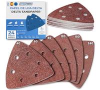EffektWerk - Lijas Delta - Paquete de 24, 6 Agujeros - Almohadillas de Lijado Triangulares 93 x 93 x 93mm para Máquinas de Lijado Triangulares - Varios Tamaños de Grano (40, 60, 80, 120, 180, 240)