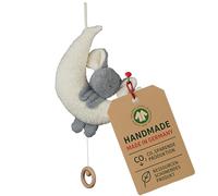 Efie Caja de música orgánica con diseño de elefante en la luna, 100 % algodón (kbA), relleno de lana virgen (kbT), hecho a mano en Alemania, certificado GOTS, juguete sostenible para bebé, Mozart