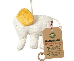 Efie Caja de música orgánica de elefante, hecha a mano en Alemania, 100% algodón (kbA), relleno de lana virgen (kbT) - Certificado GOTS - sostenible - Melodía Mozart (Duerme mi príncipe dormido)