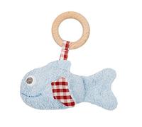 efie pescado azul, con sonajero y anilla de madera, cultivo ecológico controlado (Organic), fabricado en Alemania