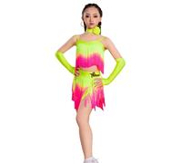 EFLALYHG Vestido con Flecos para Baile Latino para niñas Disfraces de Tango chachá Samba Fiestas y competiciones Latinas,Verde,150