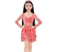 EFLALYHG Vestido de Baile Latino Manga Larga para niñas, Vestidos de Terciopelo para Baile salón Salsa Rumba cha cha Samba Tango Falda Atuendo competición para actuación en el Escenario,Naranja,120