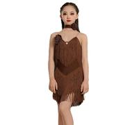 EFLALYHG Vestido de Baile Latino para niña, Falda con Flecos Ropa de competición Trajes para espectáculos de Tango Salsa y salón,Café,140