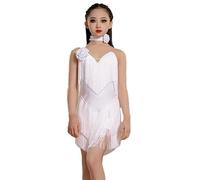 EFLALYHG Vestido de Baile Latino para niña, Falda con Flecos Ropa de competición Trajes para espectáculos de Tango Salsa y salón,Blanca,150