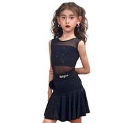 EFLALYHG Vestido de Baile Latino sin Mangas para niñas, Traje de competición de cha cha chá Salsa y Tango para niños, Conjunto de 2 Piezas de Top y Falda,Negro,140