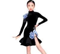 EFLALYHG Vestido de Terciopelo Latino para niñas, Traje de Baile Manga Larga para niños Falda Disfraz para actuaciones Bailes de salón Salsa Samba Rumba Tango Fiesta competición,Negro,140