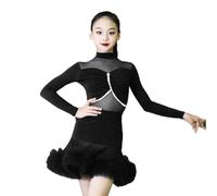 EFLALYHG Vestidos Infantiles para niñas, Mangas largas Vestido de Baile Latino Nailon para salón Baile Tango Salsa competición Fiesta actuación en el Escenario Atuendo de práctica,Negro,140