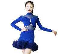 EFLALYHG Vestidos Infantiles para niñas, Mangas largas Vestido de Baile Latino Nailon para salón Baile Tango Salsa competición Fiesta actuación en el Escenario Atuendo de práctica,Azul,180
