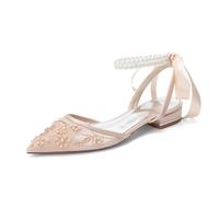 EFLALYHG Zapatos Planos de Mujer con Tira Trasera y Encaje, tacón bajo de 2,5 cm, Punta de Perla y Correa al Tobillo, Ideales para Bodas, Oficina y Eventos nocturnos,Champagne,36 EU