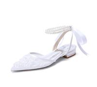 EFLALYHG Zapatos Planos de Mujer con Tira Trasera y Encaje, tacón bajo de 2,5 cm, Punta de Perla y Correa al Tobillo, Ideales para Bodas, Oficina y Eventos nocturnos,Blanca,39 EU