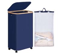 efluky Cesta para la colada con ruedas, 100 L, con tapa, color azul, plegable, con asas de bambú, bolsa extraíble para el dormitorio, el cuarto de baño y el lavadero