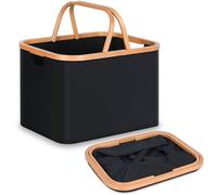 efluky Cesto Ropa Sucia Plegable Portátil Cesta Colada Laundry Basket de Bambú, Cesta de Almacenamiento Versátil con Mango de Bambú Para Baño y Dormitorio, Lavandería, Juguete, 43L(Negro)