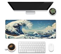 Eflxamz Tapete de escritorio, almohadilla de escritorio azul japonesa de olas de mar, alfombrilla de mouse grande para juegos, alfombrilla de mouse grande extendida para teclado de computadora con