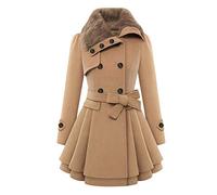 EFOFEI Mujer Abrigo Invierno Mezcla Lana Con Cuello De Piel Sintética Parka Chaqueta Otoño Elegante Gabardina De Doble Botonadura Abrigo Largo Chaqueta Entretiempo Marrón XS