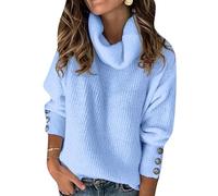 EFOFEI Mujer Cuello Tortuga Jerséis Manga Linterna Cuello Drapeado Tops Túnica Básica Elegante Suéter Azul Cielo XS