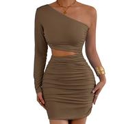 EFOFEI Mujer Sexy Vestido De Regreso A Casa De Una Manga Cuello Pendiente Mini Vestido Noche Fuera Bodycon Club Vestidos De Cóctel Café Claro XL