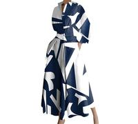 EFOFEI Mujer Vestido hasta Los Tobillos con Cinturón De Hebilla Y Cintura Alta Así como Bolsillos; Vestido Largo De Trabajo Plisado Y Recto Estampado Floral Azul Marino XXL