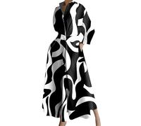 EFOFEI Mujer Vestido Largo De Oficina con Cuello Botones Y Cinturón con Hebilla Vestido Recto Plisado Holgado Corte A Estampado Floral Negro XXL