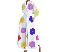 EFOFEI Mujer Vestidos De Corte Recto De Estilo Business con Mangas Largas Vestido Largo Holgado con Falda Plisada Y Cuello En V Estampado Floral Multicolor XXL