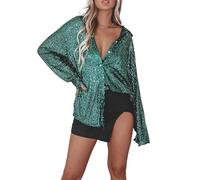 EFOFEI Mujeres Camisas de Cóctel con Tapeta Tops de Noche con Lentejuelas Blusas Brillantes para Salir de Fiesta Verde XL
