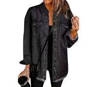 EFOFEI Mujeres Novio Jean Chaquetas Abotonada Deshilachada Bajo Chaqueta Camisera Larga Deshilachada Bajo Chaqueta Camisera Abrigos Negro XXL