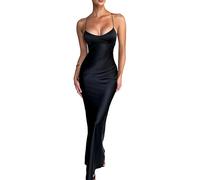 EFOFEI Mujeres Sin Mangas Sexy Cómodo Vestido De Satén Vestidos Casuales V Cuello Sirena Maxi Vestido Negro S