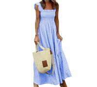 EFOFEI Vestido Sin Mangas Escote Cuadrado Mujeres Maxi Vestido Fluyente a Cuadros Azul M